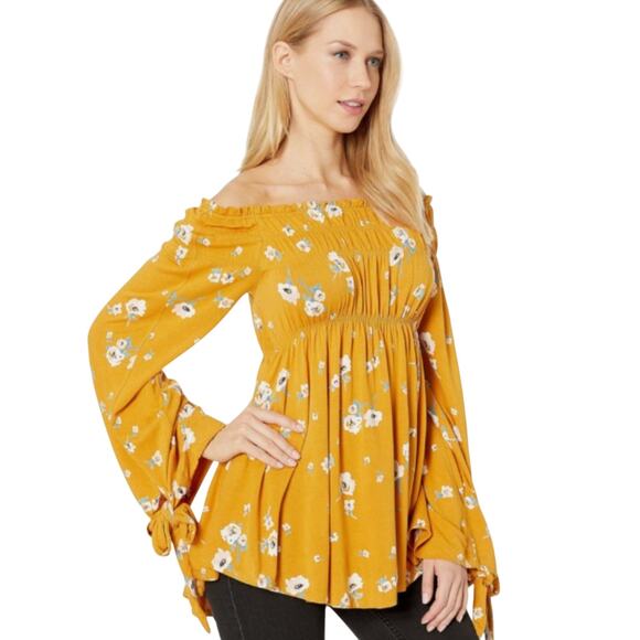 Free People Yellow Floral Long Sleeve Top Medium Marigold Off the Shoulder Tunic - Picture 1 of 8